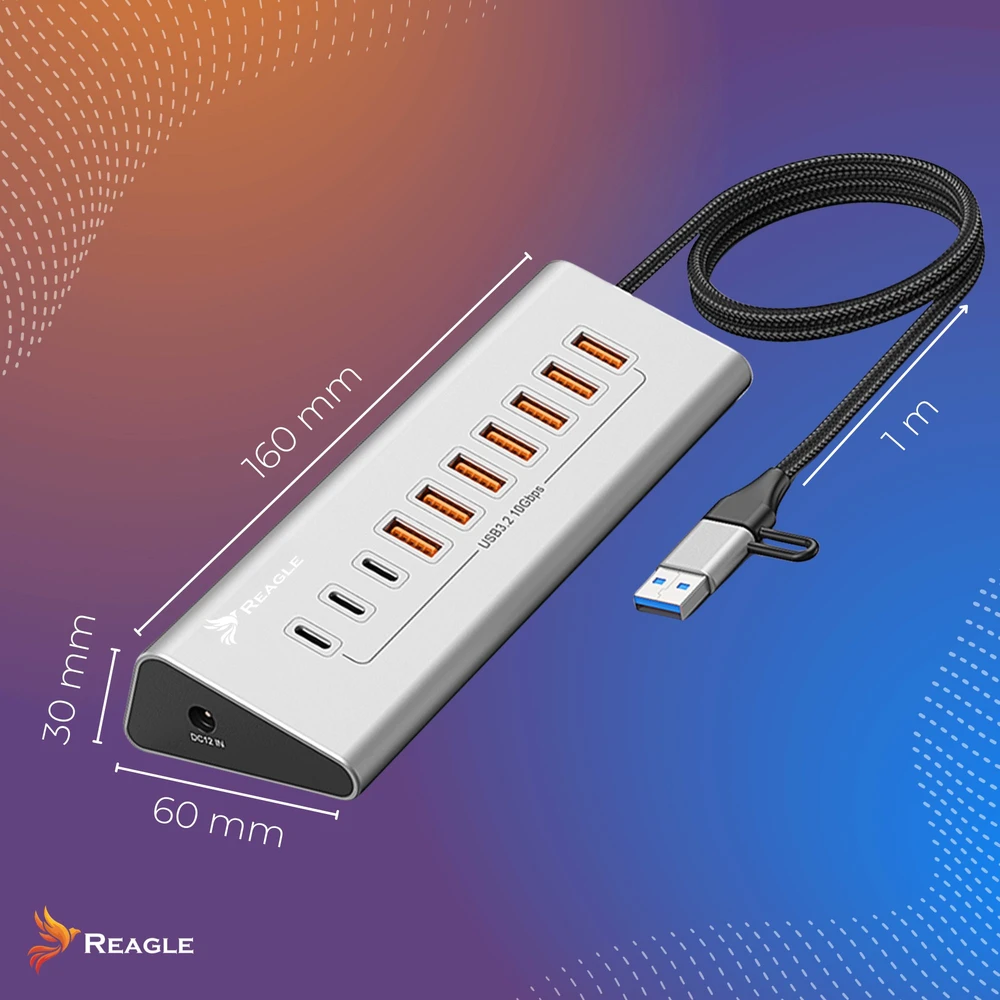 USB šakotuvas Reagle Aktyvus USB šakotuvas su maitinimo bloku 36 W 10 USB 3.2 prievadų USB skirstytuvas šakotuvas Reagle