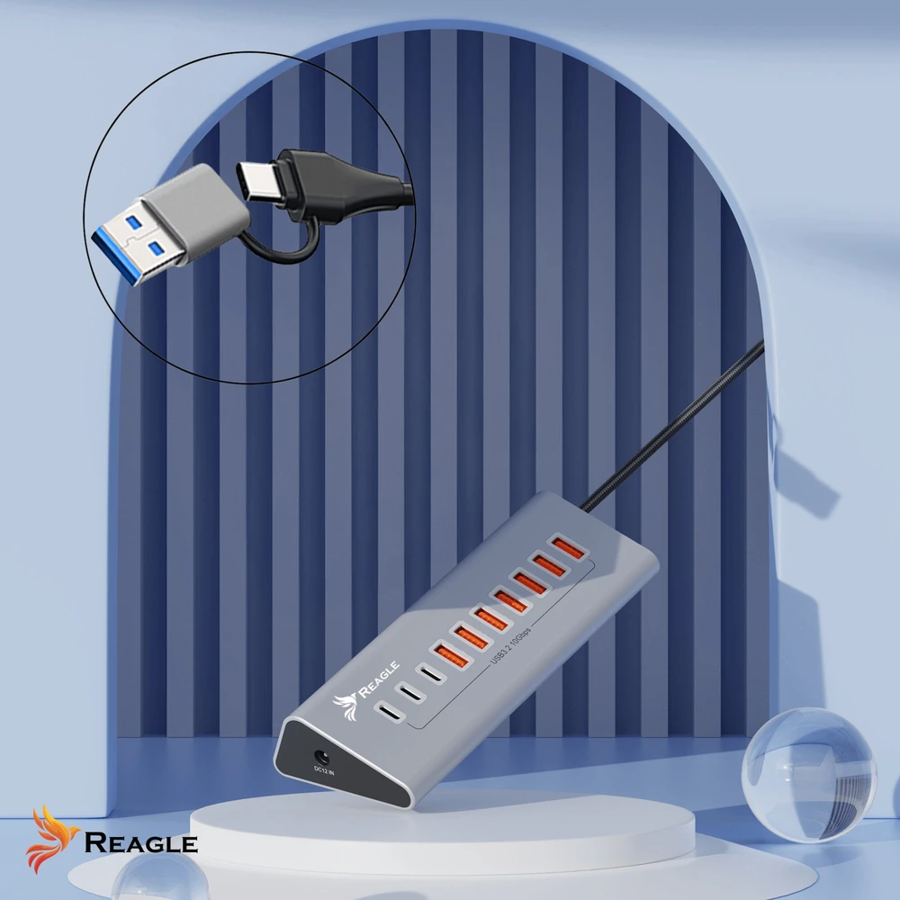 USB šakotuvas Reagle Aktyvus USB šakotuvas su maitinimo bloku 36 W 10 USB 3.2 prievadų USB skirstytuvas šakotuvas Reagle