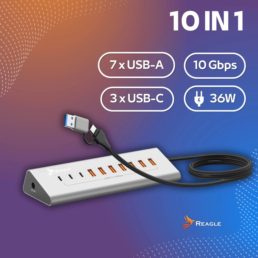 USB šakotuvas Reagle Aktyvus USB šakotuvas su maitinimo bloku 36 W 10 USB 3.2 prievadų USB skirstytuvas šakotuvas Reagle