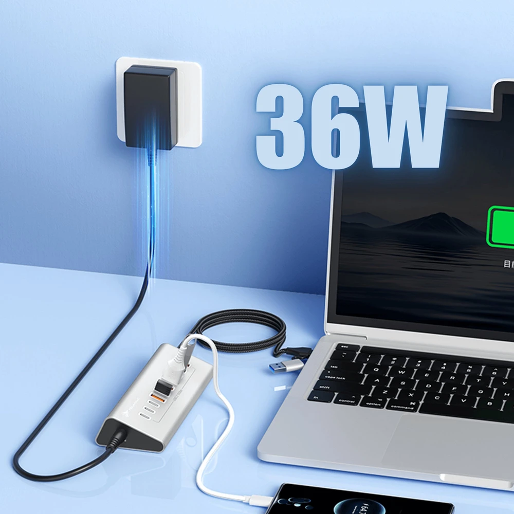USB šakotuvas Reagle Aktyvus USB šakotuvas su maitinimo bloku 36 W 10 USB 3.2 prievadų USB skirstytuvas šakotuvas Reagle