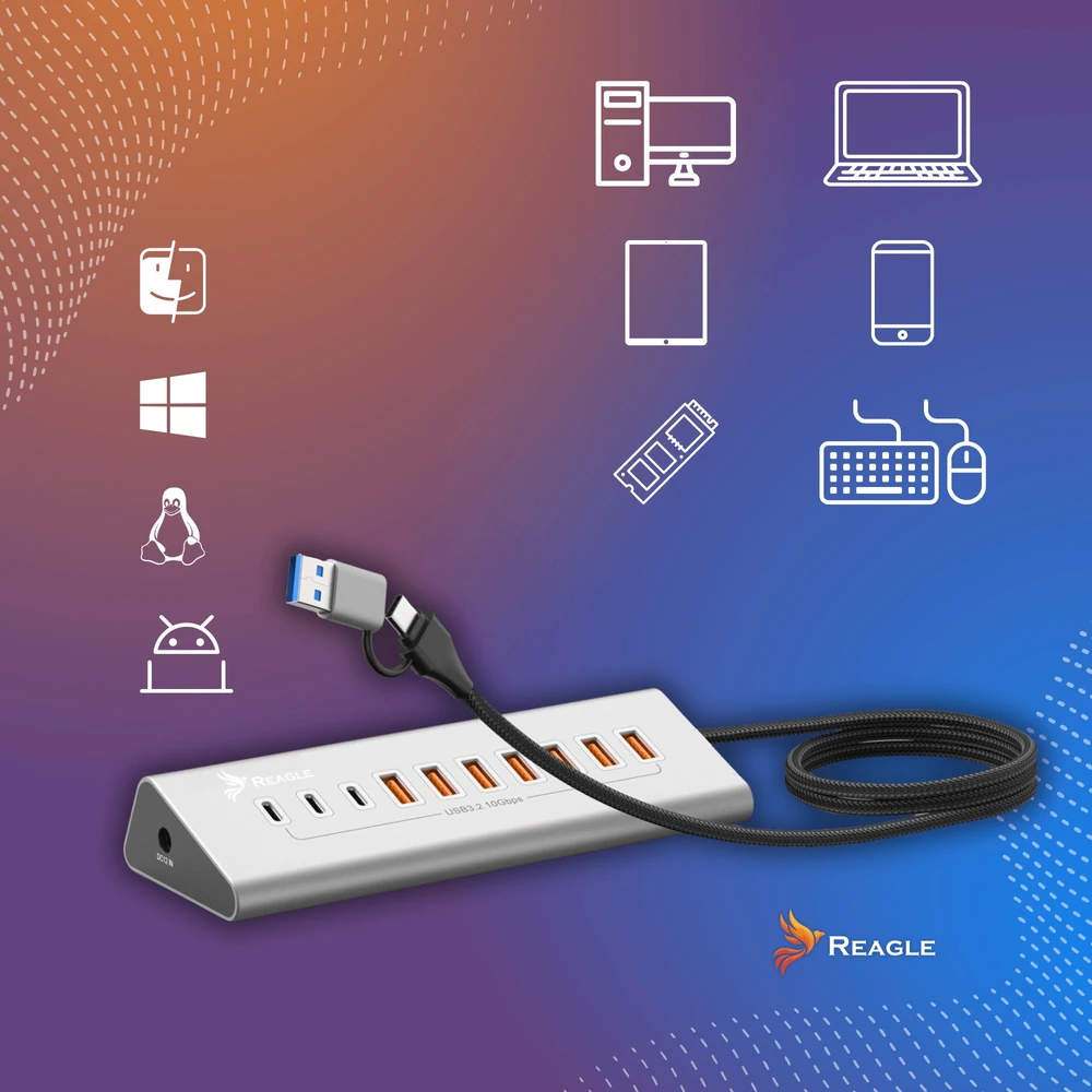 USB šakotuvas Reagle Aktyvus USB šakotuvas su maitinimo bloku 36 W 10 USB 3.2 prievadų USB skirstytuvas šakotuvas Reagle