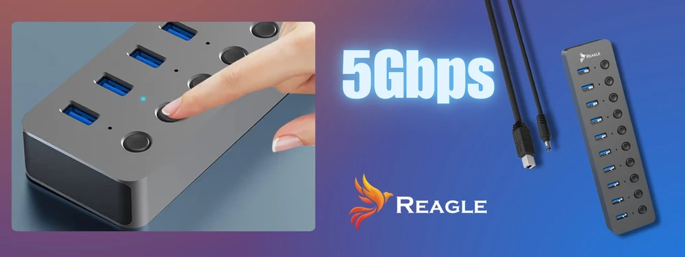 USB šakotuvas Reagle Reagle HUB 10W1 USB 3.1 10 USB-A prievadų maitinimo šaltinis 36 W