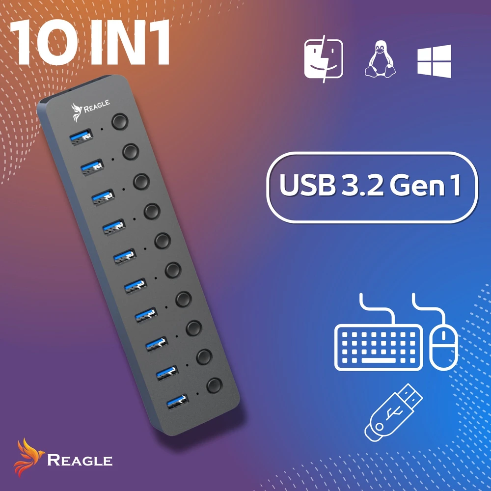 USB šakotuvas Reagle Reagle HUB 10W1 USB 3.1 10 USB-A prievadų maitinimo šaltinis 36 W