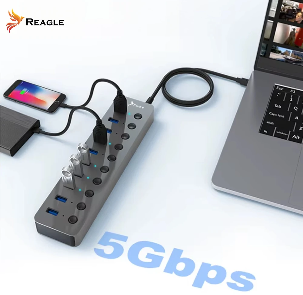 USB šakotuvas Reagle Reagle HUB 10W1 USB 3.1 10 USB-A prievadų maitinimo šaltinis 36 W