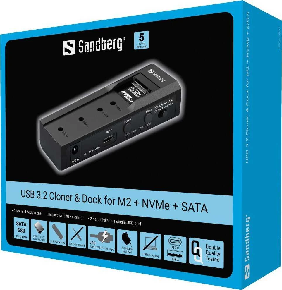 Sandberg USB 3.2 Cloner ir dokas, skirtas M2 + NVMe + SATA