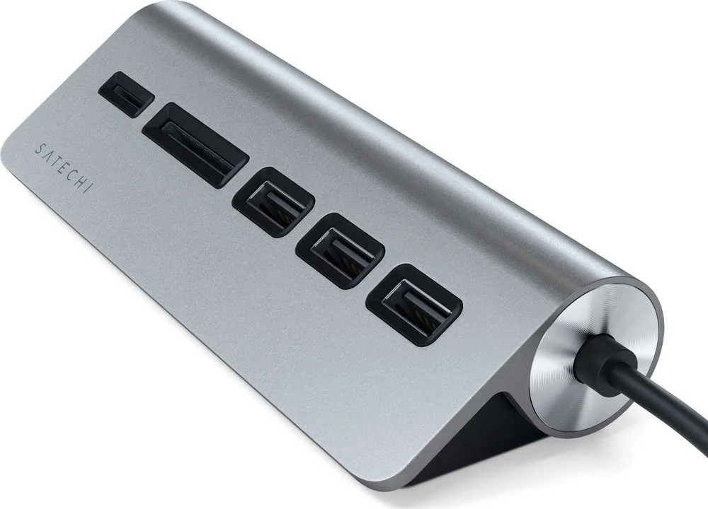 SATECHI Type-C aliuminio USB 3.0 šakotuvas ir kortelių skaitytuvo vieta pilka