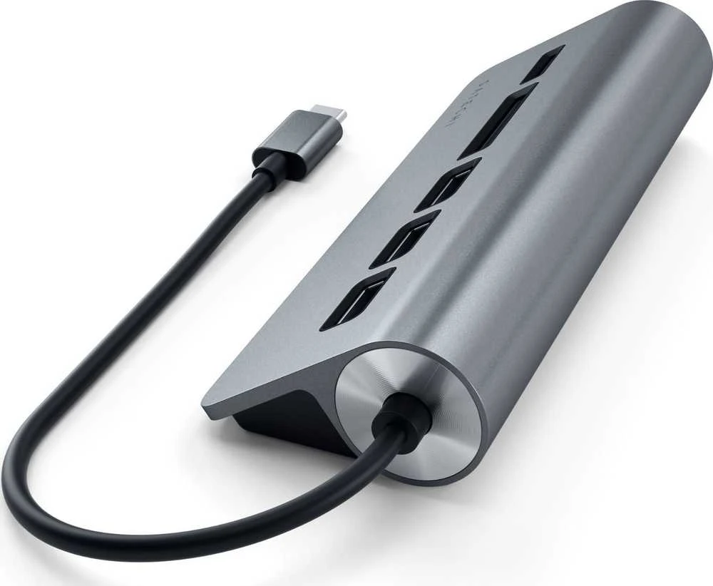 SATECHI Type-C aliuminio USB 3.0 šakotuvas ir kortelių skaitytuvo vieta pilka