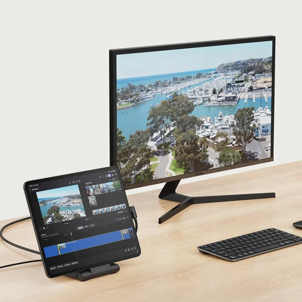 USB ŠAKOTUVAS „Satechi OntheGo Foldable Stand Hub“ – sulankstomas stovas ir šakotuvas mobiliesiems įrenginiams (USB-C 100W PD, USB-C 10 Gbps, USB-A 10 Gbps, micro/SD kortelių skaitytuvas 312 MB/s, 3,5 mm lizdas, 4K HDMI) (juodas)