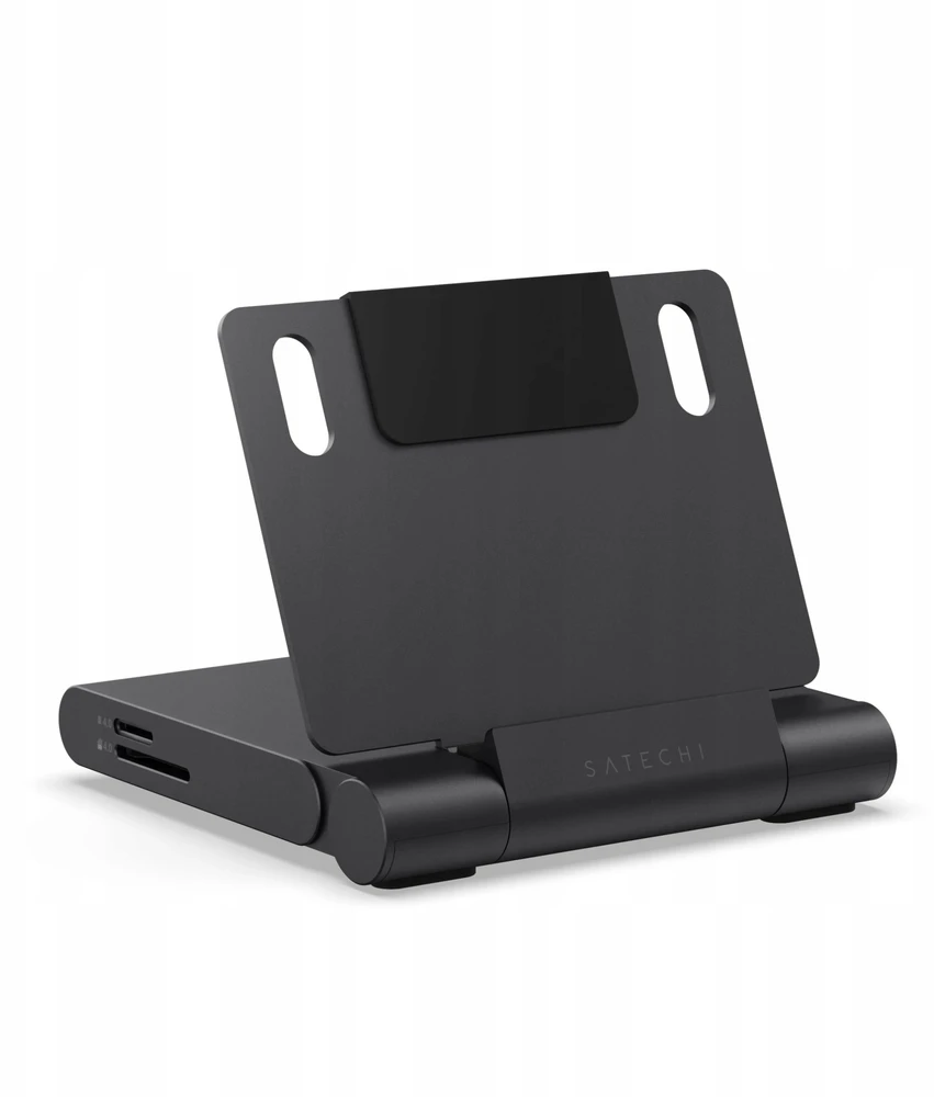 USB ŠAKOTUVAS „Satechi OntheGo Foldable Stand Hub“ – sulankstomas stovas ir šakotuvas mobiliesiems įrenginiams (USB-C 100W PD, USB-C 10 Gbps, USB-A 10 Gbps, micro/SD kortelių skaitytuvas 312 MB/s, 3,5 mm lizdas, 4K HDMI) (juodas)