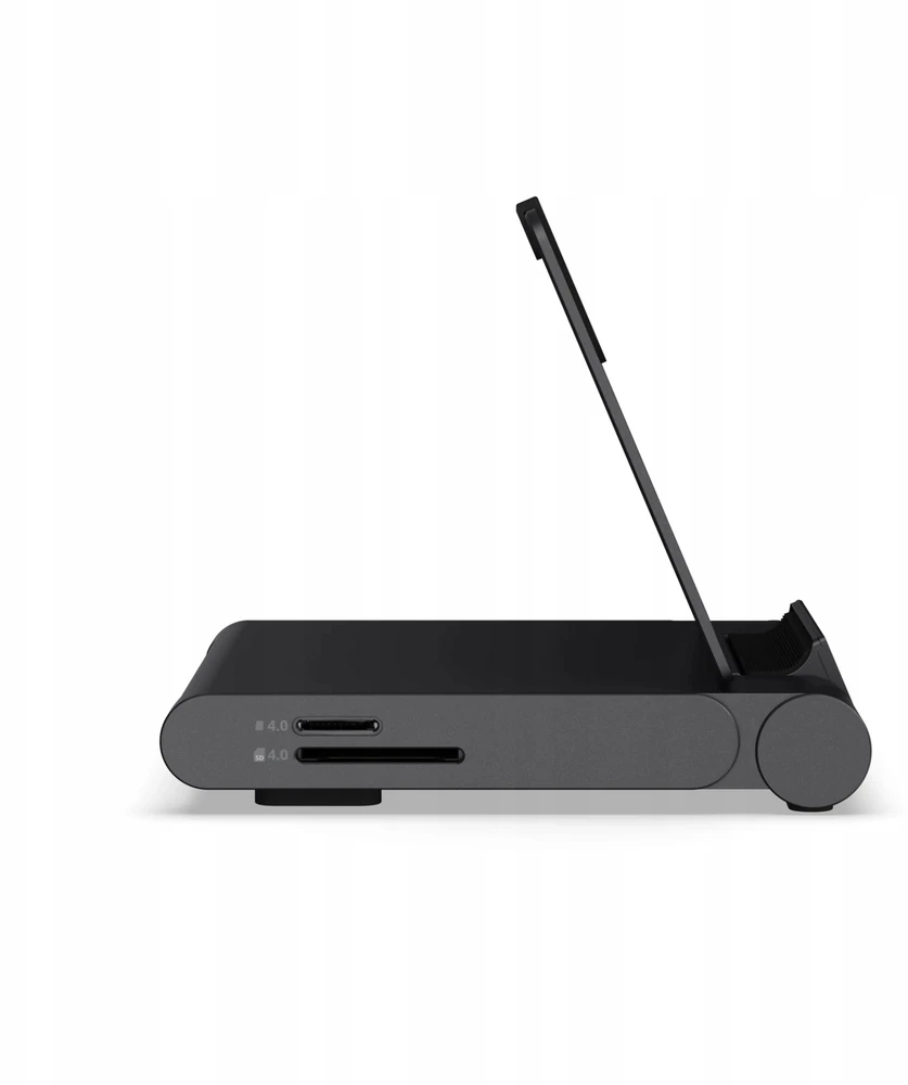 USB ŠAKOTUVAS „Satechi OntheGo Foldable Stand Hub“ – sulankstomas stovas ir šakotuvas mobiliesiems įrenginiams (USB-C 100W PD, USB-C 10 Gbps, USB-A 10 Gbps, micro/SD kortelių skaitytuvas 312 MB/s, 3,5 mm lizdas, 4K HDMI) (juodas)