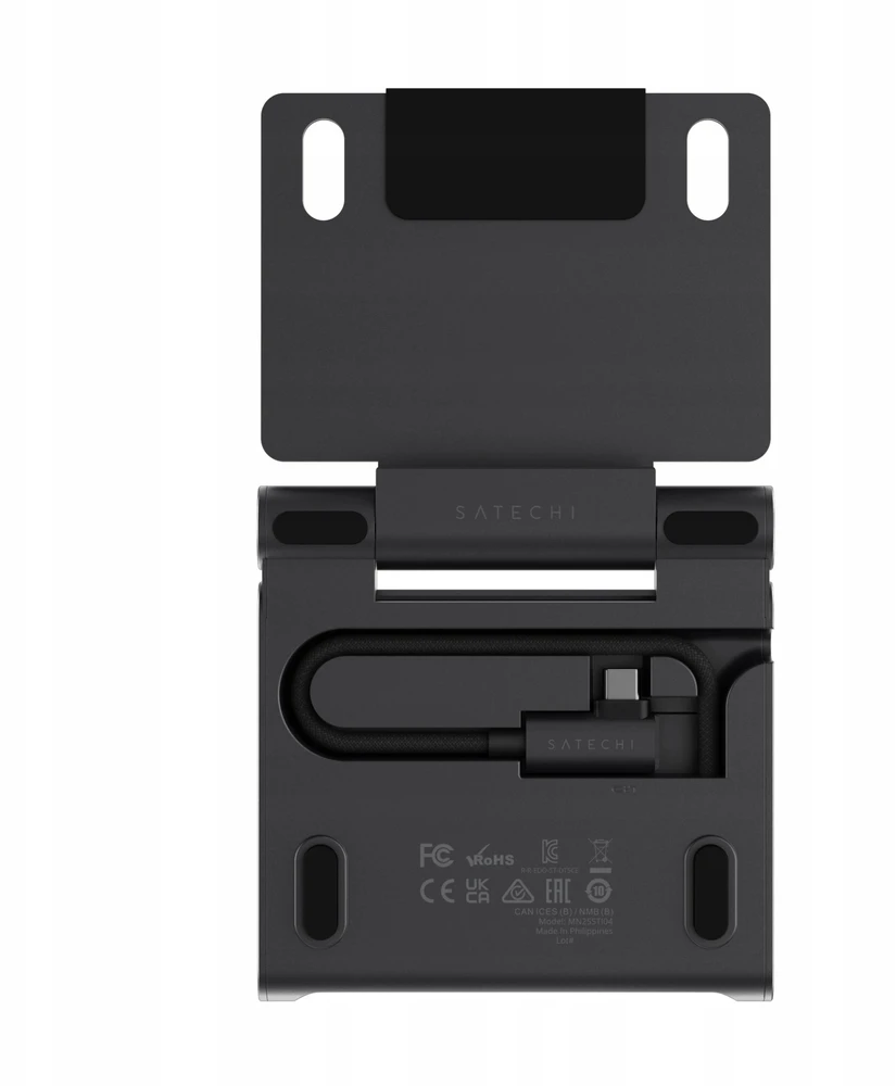 USB ŠAKOTUVAS „Satechi OntheGo Foldable Stand Hub“ – sulankstomas stovas ir šakotuvas mobiliesiems įrenginiams (USB-C 100W PD, USB-C 10 Gbps, USB-A 10 Gbps, micro/SD kortelių skaitytuvas 312 MB/s, 3,5 mm lizdas, 4K HDMI) (juodas)