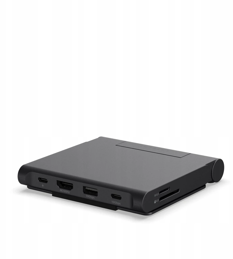 USB ŠAKOTUVAS „Satechi OntheGo Foldable Stand Hub“ – sulankstomas stovas ir šakotuvas mobiliesiems įrenginiams (USB-C 100W PD, USB-C 10 Gbps, USB-A 10 Gbps, micro/SD kortelių skaitytuvas 312 MB/s, 3,5 mm lizdas, 4K HDMI) (juodas)