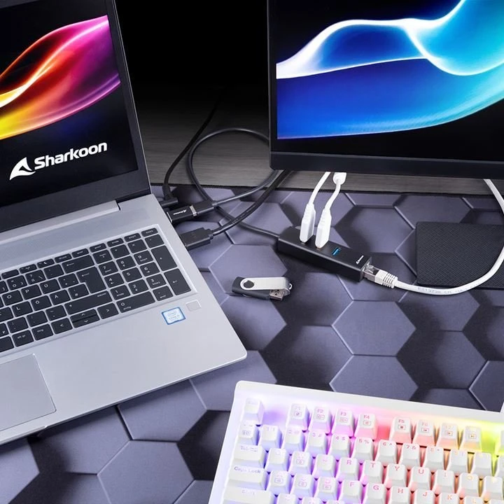 Sharkoon HUB 3X USB 3.2 +RJ45 ALU Juodas/3-PORT USB 3.2 GEN 1.