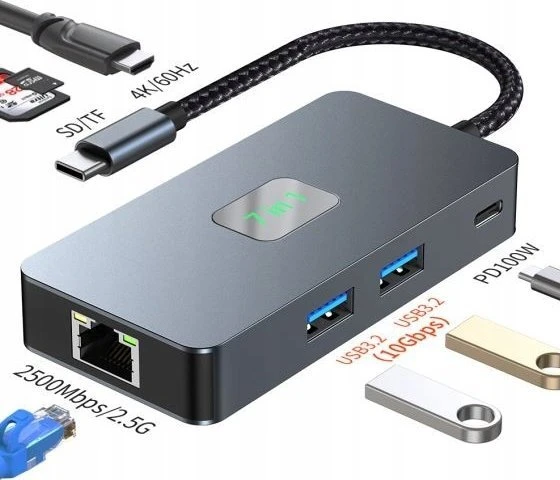 TB adapteris HUB USB C (7w1) HDMI USB SD/TF RJ45 (2500 Mbps) PD