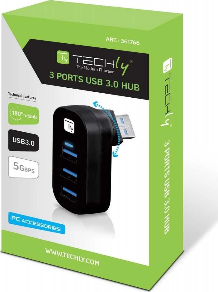 TECHLY Mini Rotating Hub su 3 USB 3.0 prievadais Juodas