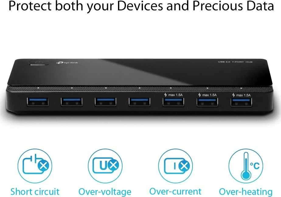 TP-LINK 7 prievadų USB 3.0 šakotuvas, darbalaukio 12 V / 2,5 A maitinimo adapteris komplekte