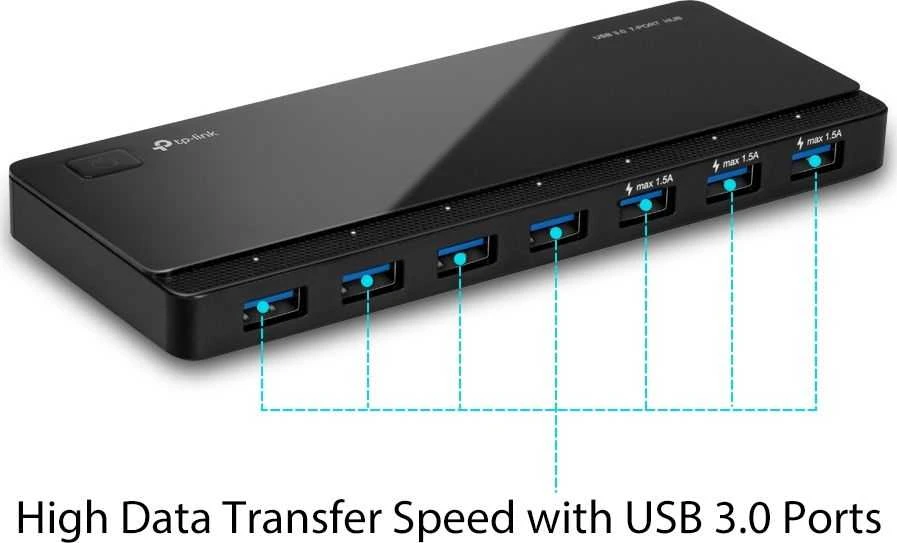 TP-LINK 7 prievadų USB 3.0 šakotuvas, darbalaukio 12 V / 2,5 A maitinimo adapteris komplekte