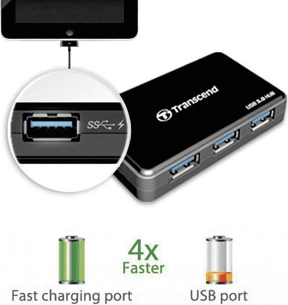 TRANSCEND USB 3.0-Hub su greito įkrovimo lizdu, skirtu oa de iPad Juodas