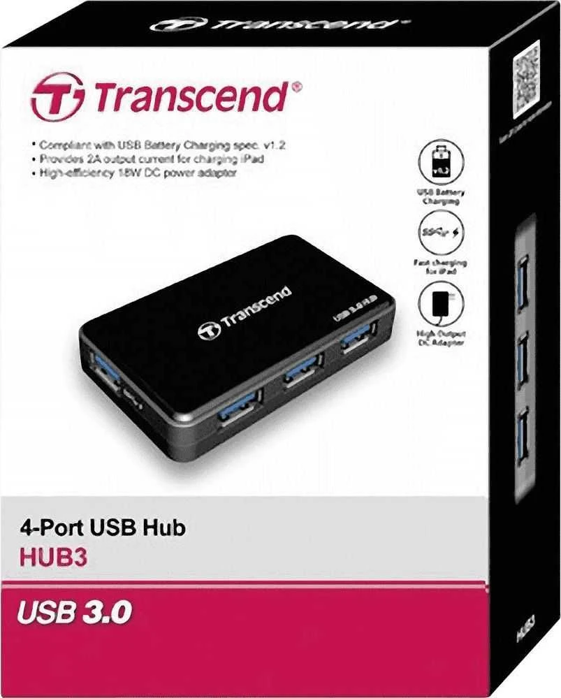 TRANSCEND USB 3.0-Hub su greito įkrovimo lizdu, skirtu oa de iPad Juodas