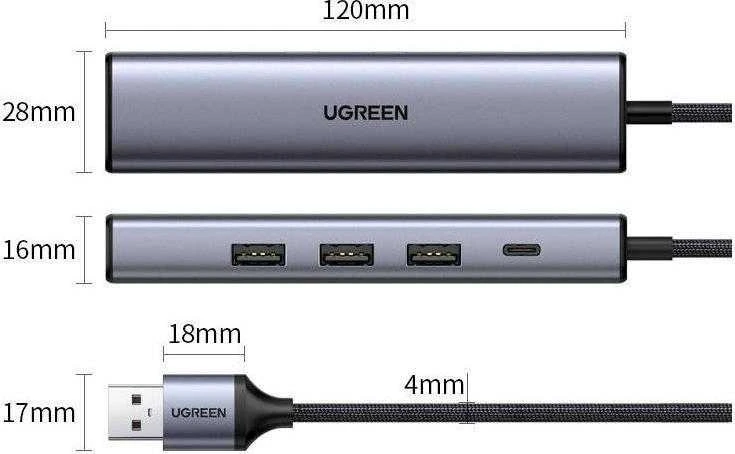 UGREEN 5in1 USB-A 3x USB 3.0 + RJ45 + USB-C adapteriai