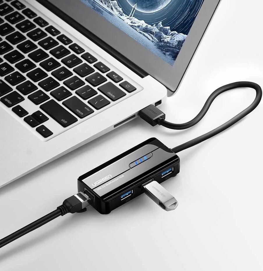 Ugreen 20265 USB-A / RJ45 1000 Mbps HUB 3x USB 3.0 tinklo adapteris - juodas