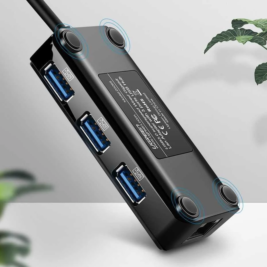 Ugreen 20265 USB-A / RJ45 1000 Mbps HUB 3x USB 3.0 tinklo adapteris - juodas