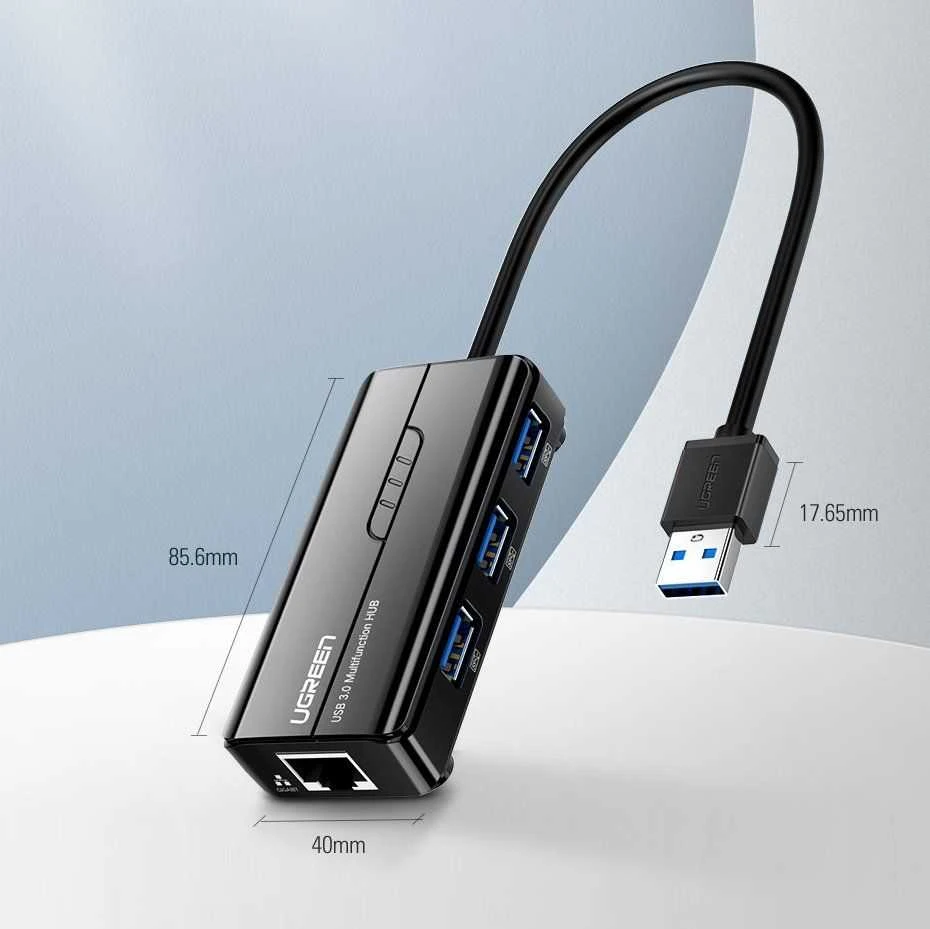 Ugreen 20265 USB-A / RJ45 1000 Mbps HUB 3x USB 3.0 tinklo adapteris - juodas