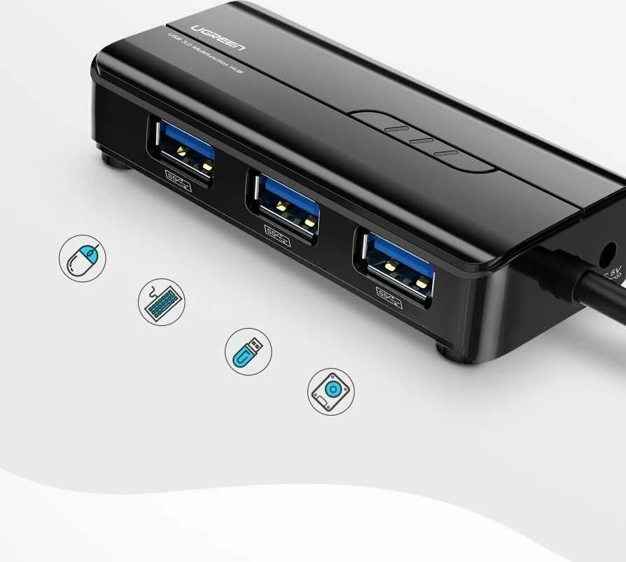 Ugreen 20265 USB-A / RJ45 1000 Mbps HUB 3x USB 3.0 tinklo adapteris - juodas
