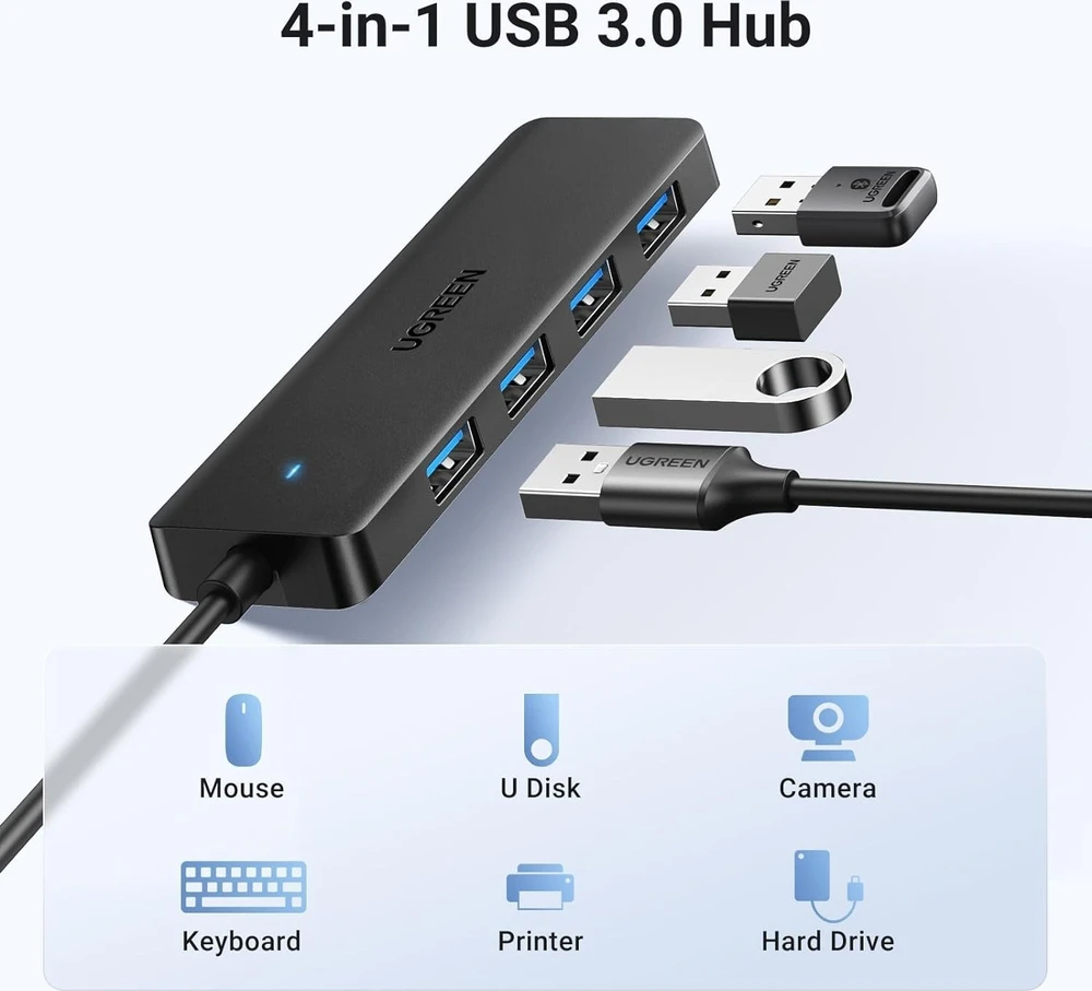 HUB Ugreen CM219 35574 with 4 USB-A 3.0 jungtys and USB-A 3.0 kabelis 1m - juodos spalvos