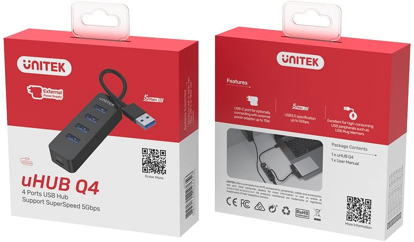 USB Hub - UNITEK H1117A 4-Port USB 3.1 Aktyvus 10W Juodas