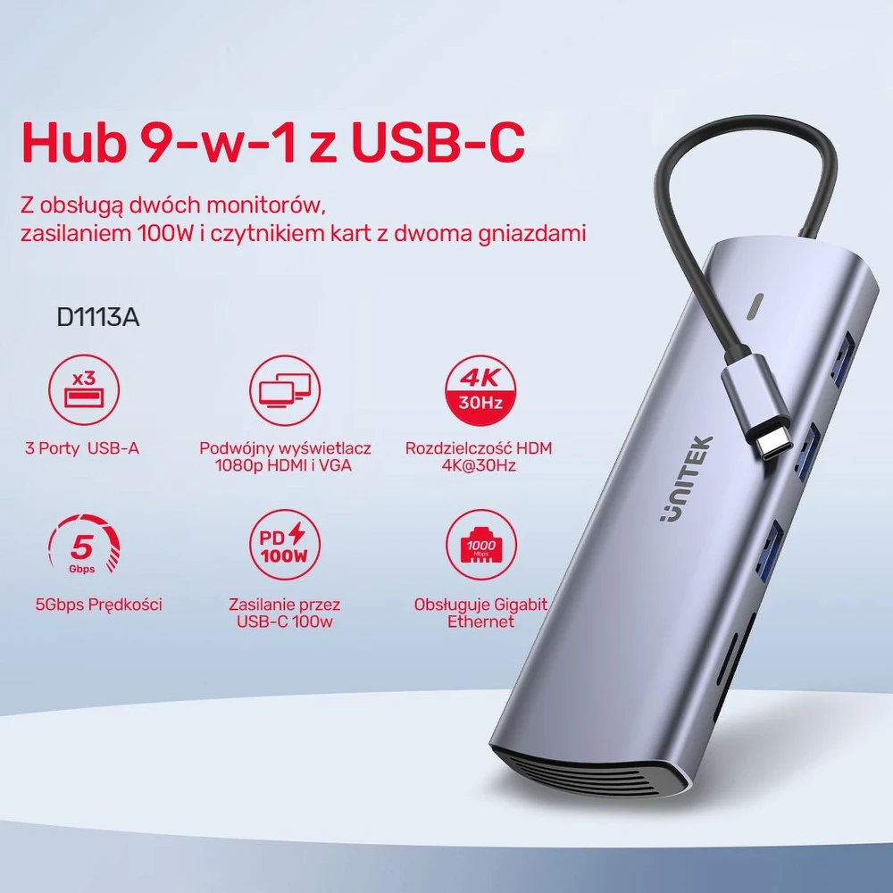 UNITEK 9 viename USB-C šakotuvas, HDMI, VGA, SD, RJ45, PD 100W