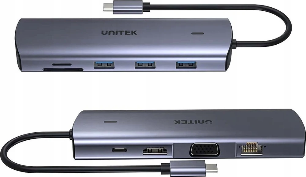 UNITEK 9 viename USB-C šakotuvas, HDMI, VGA, SD, RJ45, PD 100W