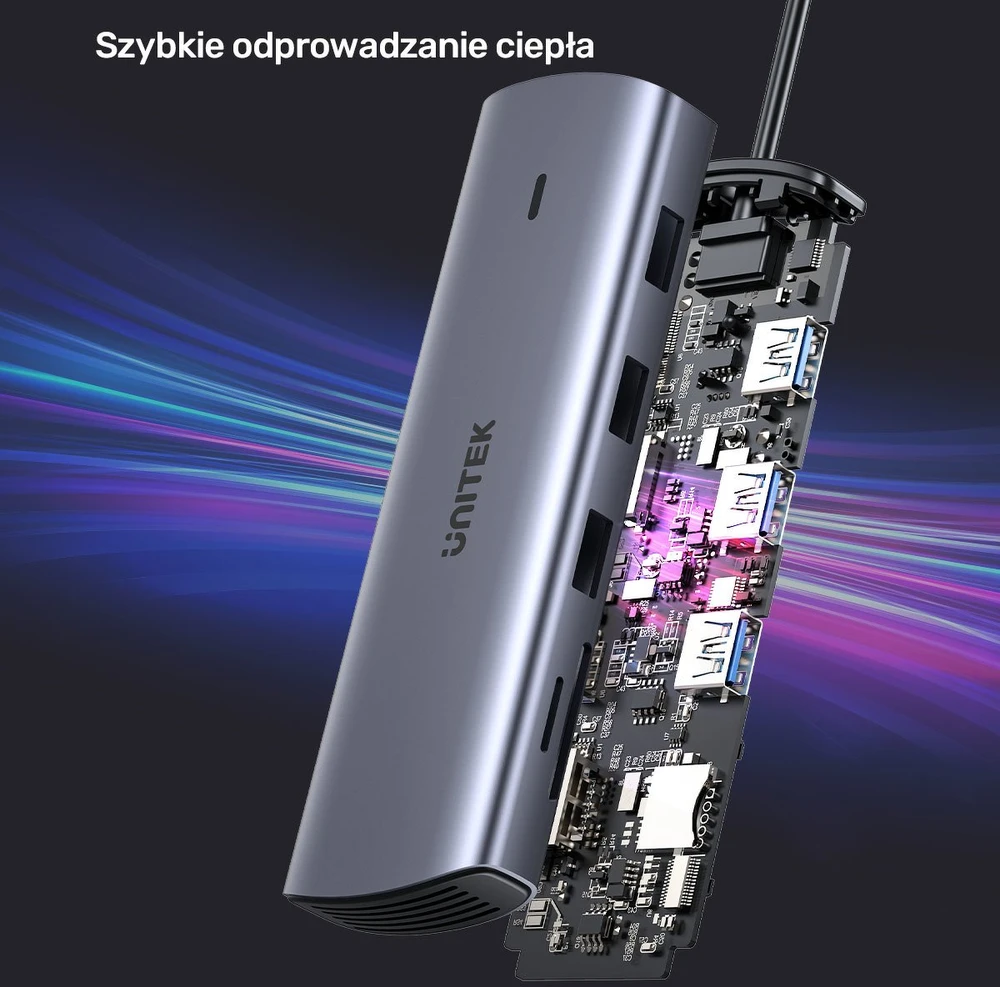UNITEK 9 viename USB-C šakotuvas, HDMI, VGA, SD, RJ45, PD 100W