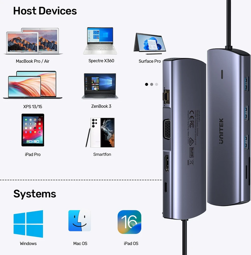 UNITEK 9 viename USB-C šakotuvas, HDMI, VGA, SD, RJ45, PD 100W