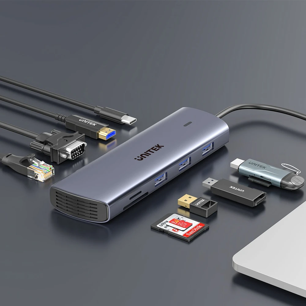 UNITEK 9 viename USB-C šakotuvas, HDMI, VGA, SD, RJ45, PD 100W