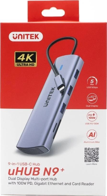 Unitek 9-in-1 USB-C šakotuvas ant pakuotės