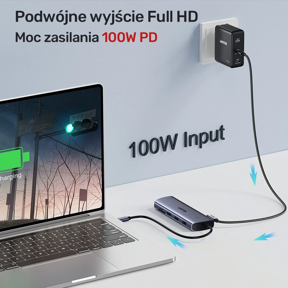 UNITEK 9 viename USB-C šakotuvas, HDMI, VGA, SD, RJ45, PD 100W