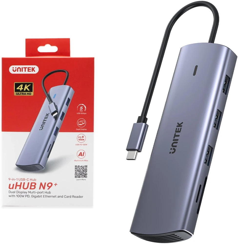 UNITEK 9 viename USB-C šakotuvas, HDMI, VGA, SD, RJ45, PD 100W