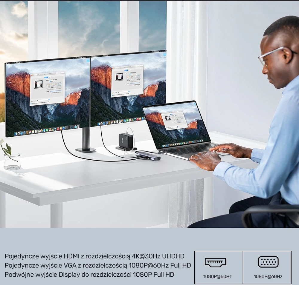UNITEK 9 viename USB-C šakotuvas, HDMI, VGA, SD, RJ45, PD 100W