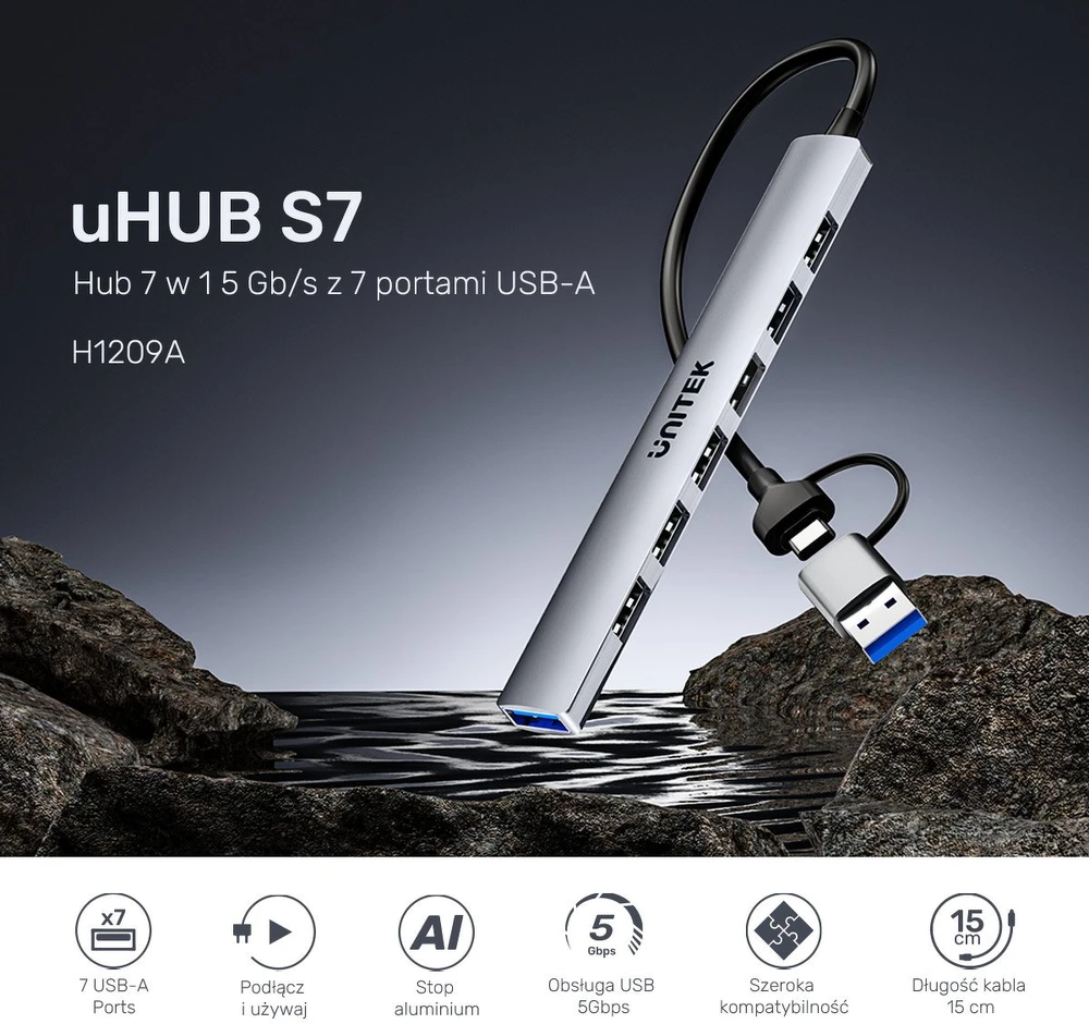 Unitek H1209AGY01 USB-A 5Gbps 7in1 USB šakotuvas
