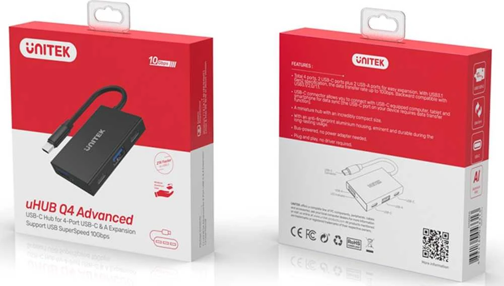 UNITEK H1302A šakotuvas USB-C 10Gbps 2x USB-A 2x USB-C