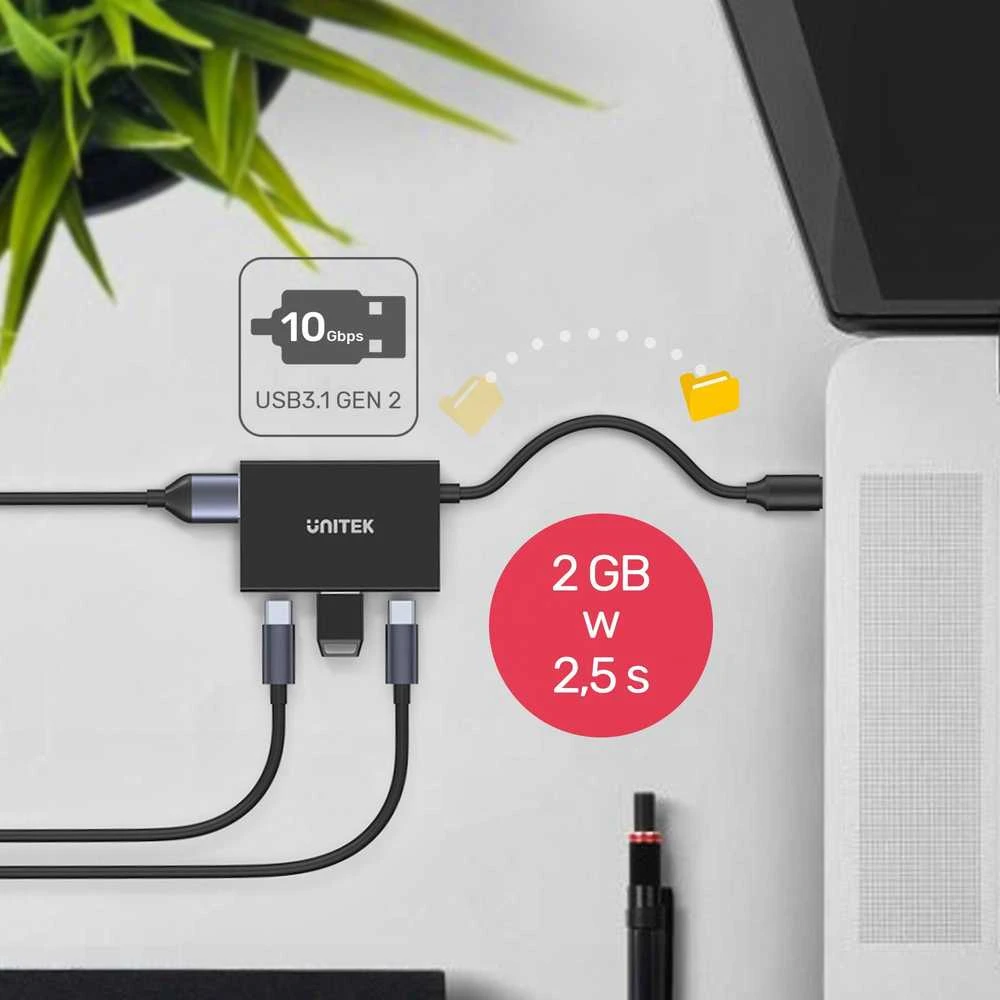 UNITEK H1302A šakotuvas USB-C 10Gbps 2x USB-A 2x USB-C