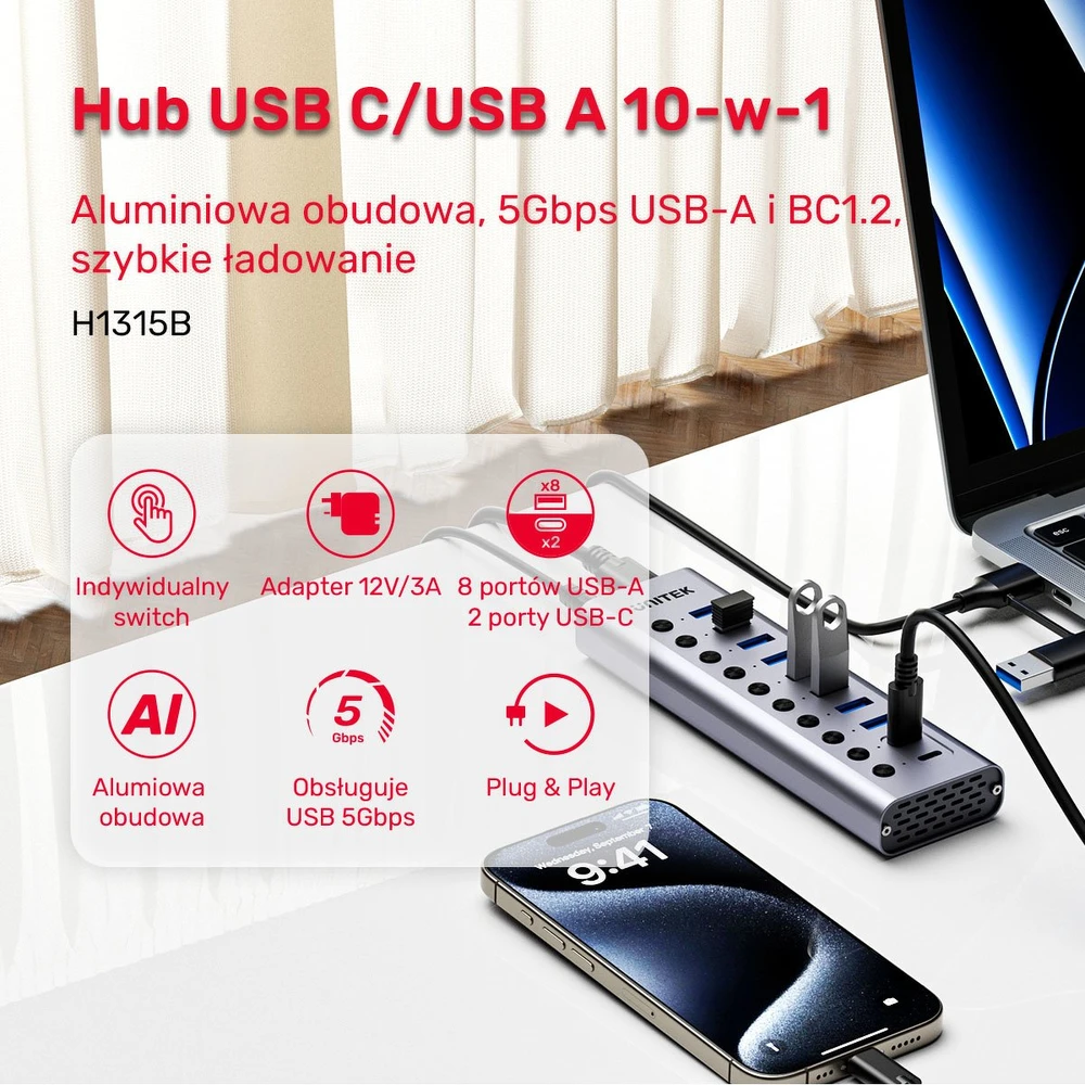 Unitek Hub USB C/USB A 10in1 5Gbps su prievadų jungikliais