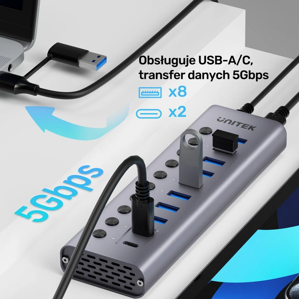 Unitek Hub USB C/USB A 10in1 5Gbps su prievadų jungikliais