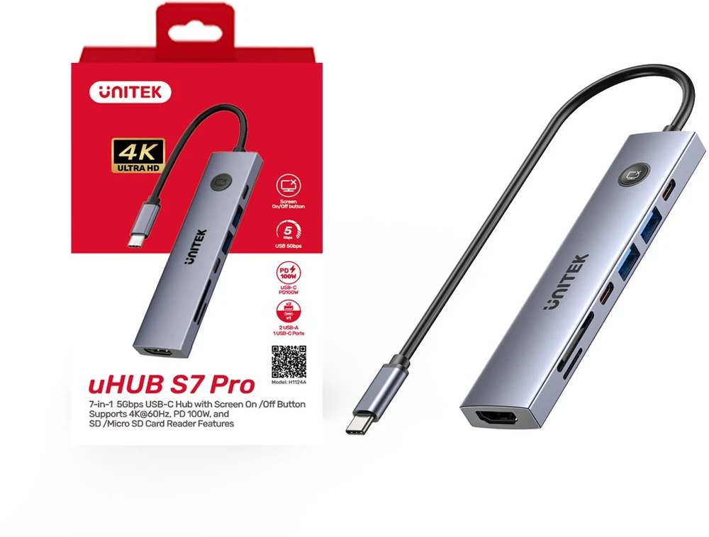 UNITEK USB-C 7-in-1 PD 100W HDMI 2.0 HUB WITH ON/OFF SWITCH