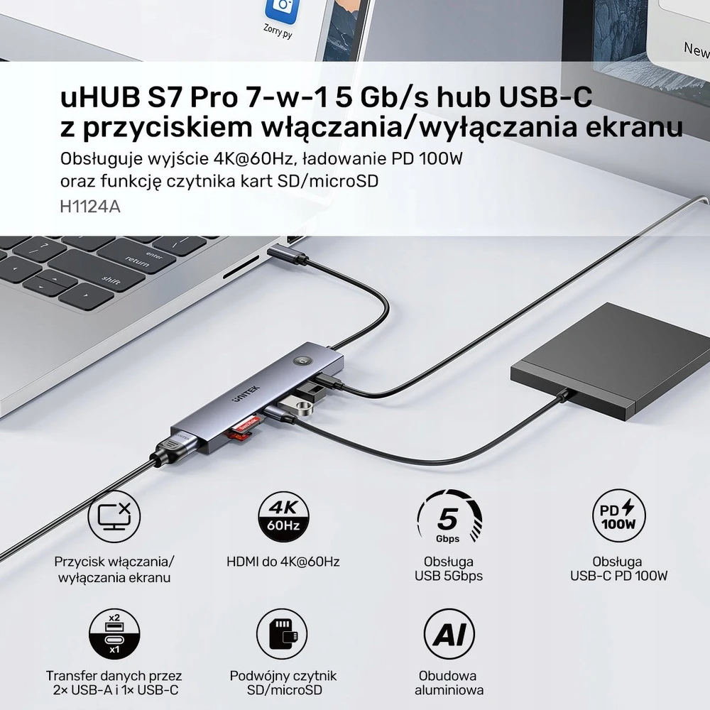 UNITEK USB-C 7-in-1 PD 100W HDMI 2.0 HUB WITH ON/OFF SWITCH