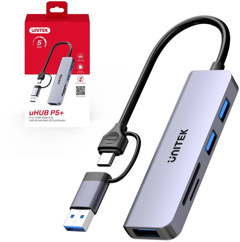 Unitek Hub 5w1 USB-A/C 5 Gbps su atminties kortelių skaitytuvu SD i micro SD