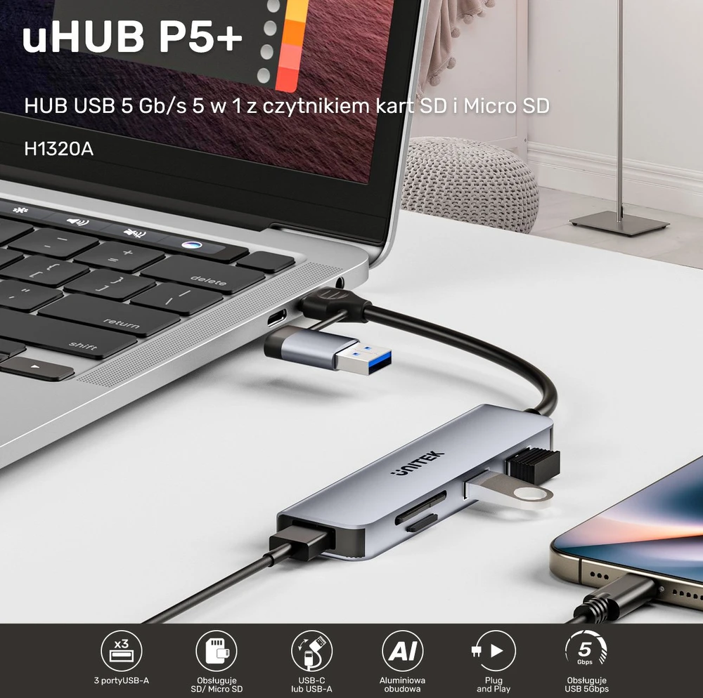 Unitek Hub 5w1 USB-A/C 5 Gbps su atminties kortelių skaitytuvu SD i micro SD