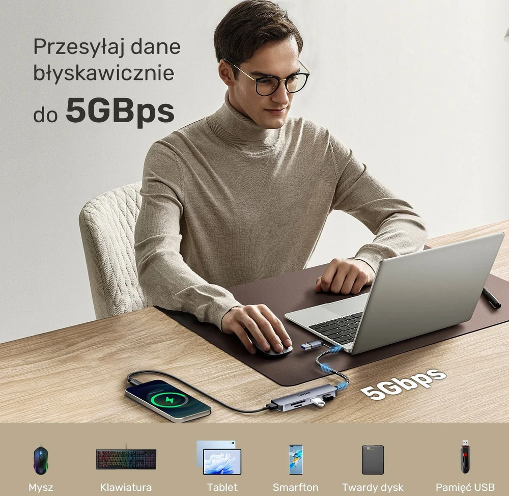 Unitek Hub 5w1 USB-A/C 5 Gbps su atminties kortelių skaitytuvu SD i micro SD