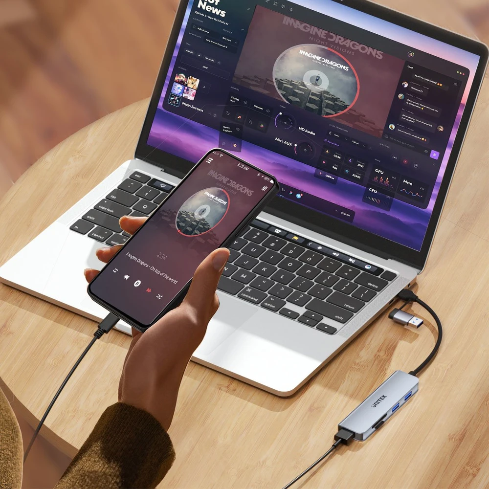 Unitek Hub 5w1 USB-A/C 5 Gbps su atminties kortelių skaitytuvu SD i micro SD